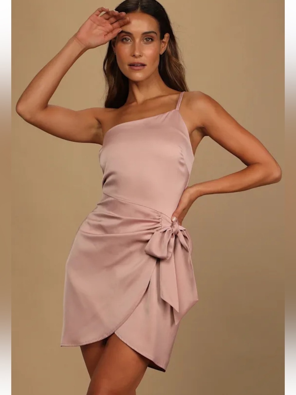 NWT Lulus Meant to Be Together Dusty Pink Satin One-Shoulder Mini Dress size XS